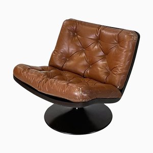 Italian Space Age Armchair in Brown Leather and Black Plastic by Play, 1970s