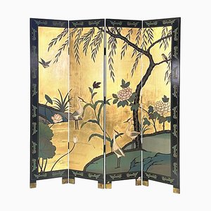 Antique Chinese Decorated Four-Door Wooden Screen with Gold Leaf, 1900s