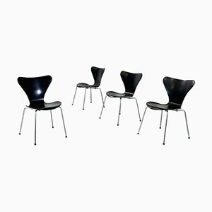 Danish Modern 7 Series Chairs in Black Wood by Arne Jacobsen for Fritz Hansen, 1970s, Set of 4