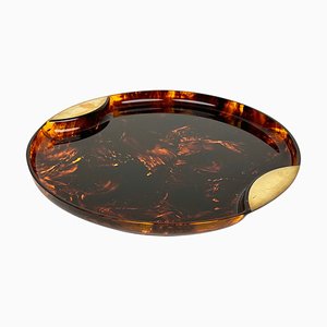 Round Serving Tray in Acrylic Glass, Faux Tortoiseshell and Brass, Italy, 1970s