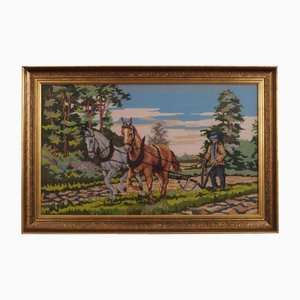 Scandinavian Tapestry in Frame Depicting Farmer with Horses, 1970s