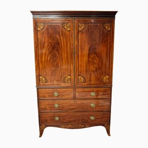 19th Century Flamed Mahogany Marquetry Inlaid Linen Press, 1880s