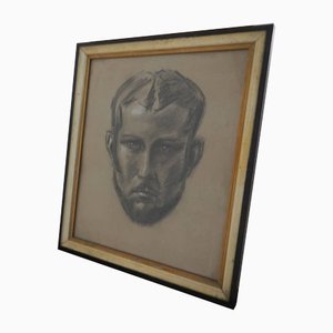 Mina Anselmi, Face of Man, 1940, Charcoal Drawing, Framed