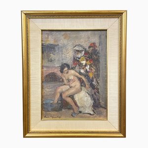 Carlo Cherubini, figuras femeninas desnudas y enmascaradas en Venecia, años 50, óleo sobre lienzo, enmarcado