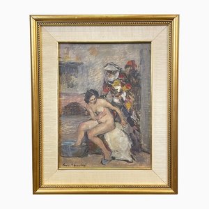 Carlo Cherubini, Nu féminin et Personnages Masqués à Venise, 1950s, Huile sur Toile, Encadrée