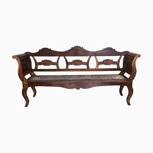 Antique Catalan Bench in Walnut with Caned Seat, 1900