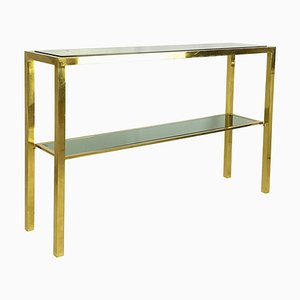 Italian Brass & Smoked Glass Console Table with 2 Shelves, 1970s