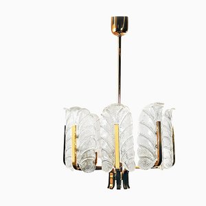 Chandelier with Structured Glass Leaves by Carl Fagerlund for Orrefors Sweden, 1960s