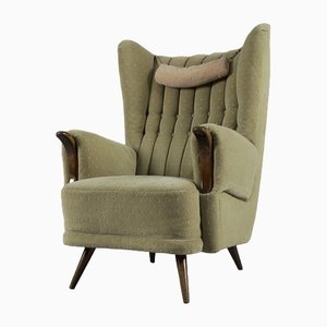 Grand Fauteuil à Oreilles en Bois et Tissu Vert, Italie, 1950s