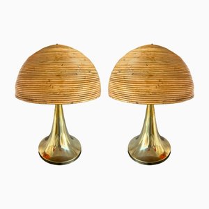 Italian Rattan and Brass Lamps, 1980s, Set of 2