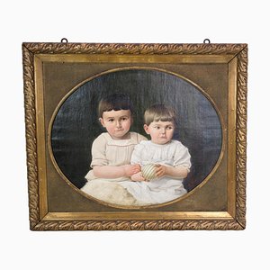 Motif de Deux Enfants, 1860s, Huile sur Toile