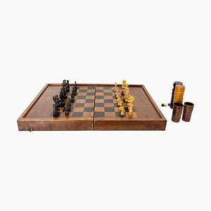French Wooden Chess Box and Blackgammon, 1950s, Set of 71