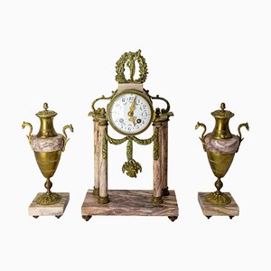 Reloj francés Napoleón III de bronce y mármol con querubines, década de 1890. Juego de 3