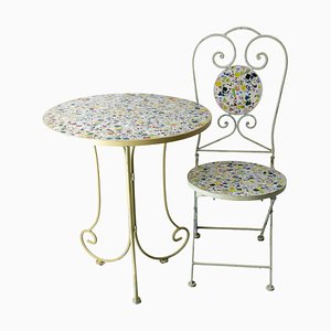 Mid-Century French Iron Mosaic Chair and Table, 1970s, Set of 2