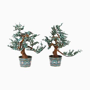 Grands Pots Cloisonnés avec Plantes Décoratives, Set de 2