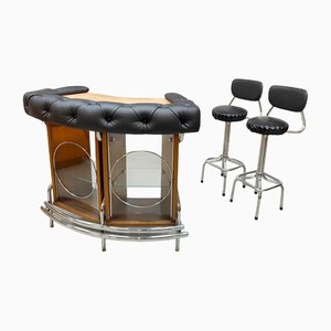 Mueble bar y taburetes estilo Mad Men vintage, años 60. Juego de 3