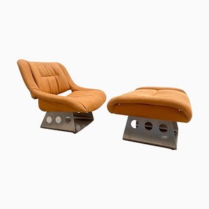 Set of Mid-Century Leather Armchair and Ottoman, Italy, 1970s
