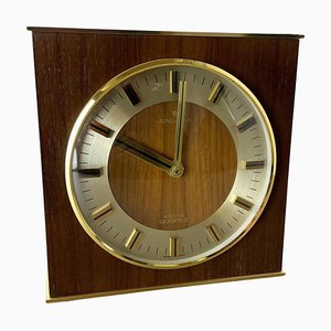 Hollywood Regency Brass Wooden Table Clock Junghans Astra Quartz, Germany, 1970s