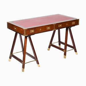 Mid-Century English Military Style Wood & Brass Desk with Leather Top, 1960s
