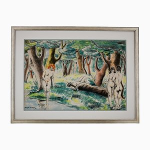Georges Lavergne, Desnudos en un paisaje, 1936, Crayón, tinta y pastel sobre papel, enmarcado