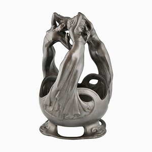 Art Nouveau Centerpiece with 3 Dancing Ladies in Pewter by Maurice Maignan, France, 1900s