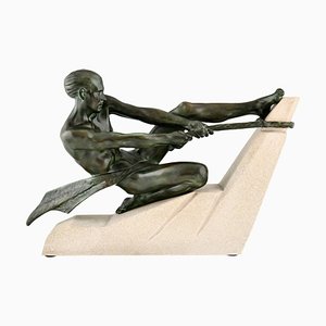 Max Le Verrier, Art Deco Skulptur Athlet mit Seil, 1937, Metall & Stein