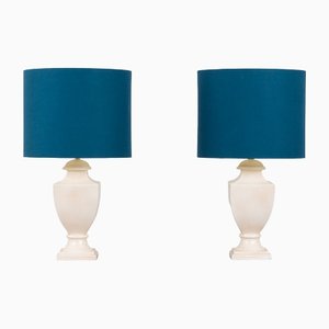 Lampade da tavolo grandi neoclassiche con paralumi in lino blu scuro, Italia, anni '80, set di 2