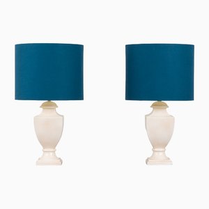 Large Italian Neoclassical Table Lamps with Deep Blue Linen Shades, 1980s, Set of 2