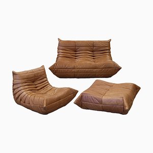 Tobacco Brown Leather Togo Sofa, Armchair and Pouf by Michel Ducaroy for Ligne Roset, 1970s, Set of 3