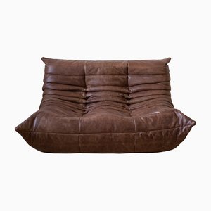 Vintage Brown Leather 2-Seat Togo Sofa attributed to Michel Ducaroy for Ligne Roset