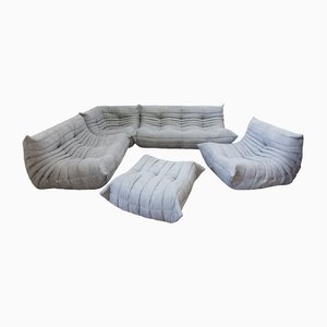 Light Grey Leather Togo Sofa, Armchair and Pouf by Michel Ducaroy for Ligne Roset, 1970s, Set of 5