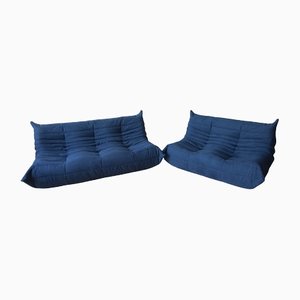 Sofá Togo de microfibra de 2 y 3 plazas en azul de Michel Ducaroy para Ligne Roset. Juego de 2