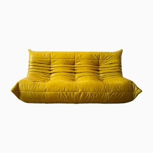 Vintage Yellow & Black Pull-Up Leather 3-Seat Togo Sofa attributed to Michel Ducaroy for Ligne Roset