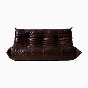 Vintage Brown Leather 3-Seat Togo Sofa by Michel Ducaroy for Ligne Roset, 1970s