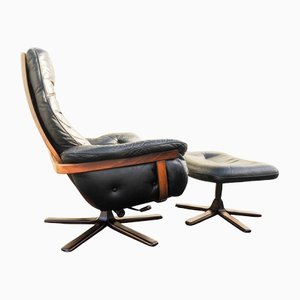 Mid-Century Scandinavian Modern Black Leather and Bentwood Swivel Easy Chair & Ottoman from Göte Möbler, 1960s, Set of 2