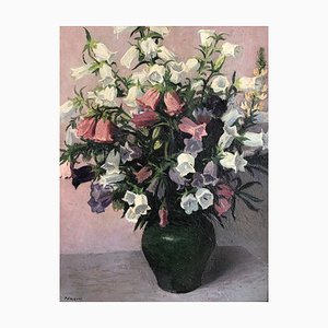 Pierre Jaques, Bouquet of Flowers in Green Vase, Oil on Canvas, 1990s