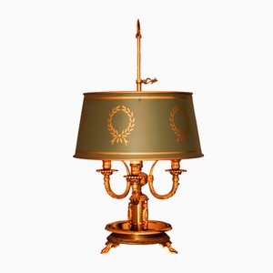 Bouillotte Gilt Metal Table Lamp with Racing Green Shade & Laurel Wreath Relief Pattern, 1970s