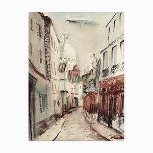 Luigi Corbellini, Rue Norvin vue sur la Basilique du Sacré Coeur, Montmartre, XX secolo, Acquarello su carta