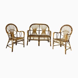 Bamboo and Wicker Sofa and Armchairs, 1960s, Set of 3