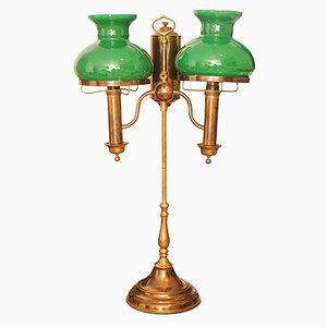 Antique Bradley Hubbard Style Student Double Oil Table Lamp with Racing Green Glass Shades, 1890s