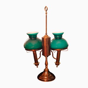 Lampe de Bureau à Huile Double Style Bradley Hubbard Antique avec Abat-Jours en Verre Vert, 1890s