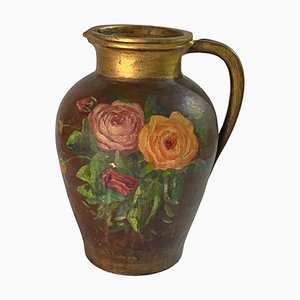 Flowers Decor Pattern Hand Painted Stoneware Jug, France, 1940s