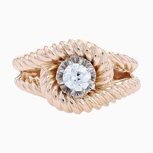18 Karat French Rose Gold Diamond Gadrooned Knot Ring, 1950s