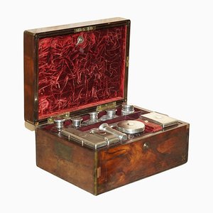 Antique Hardwood Vanity Box with Sterling Silver Pieces, 1810, Set of 11