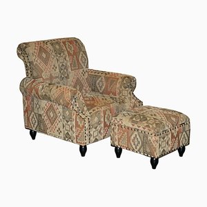 George Smith Style Kilim Armchair and Ottoman, Set of 2
