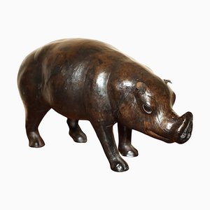 Small Brown Leather Pig Footstool from Liberty London, 1930