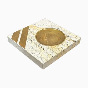 Squared Ashtray in Travertine and Brass attributed to Fratelli Mannelli, Italy, 1970s
