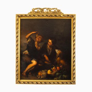 After Bartolome' Esteban Murillo, Grape and Melon Eaters, 1780s, Antique Oil on Canvas, Framed