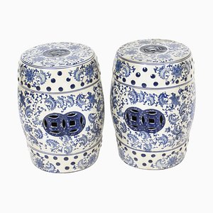 20th Century Japanese Blue & White Ceramic Garden Vases, Set of 2