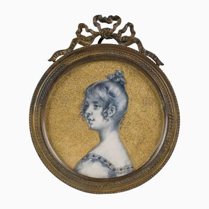19th Century Young Girl in Grisaille Miniature Frame